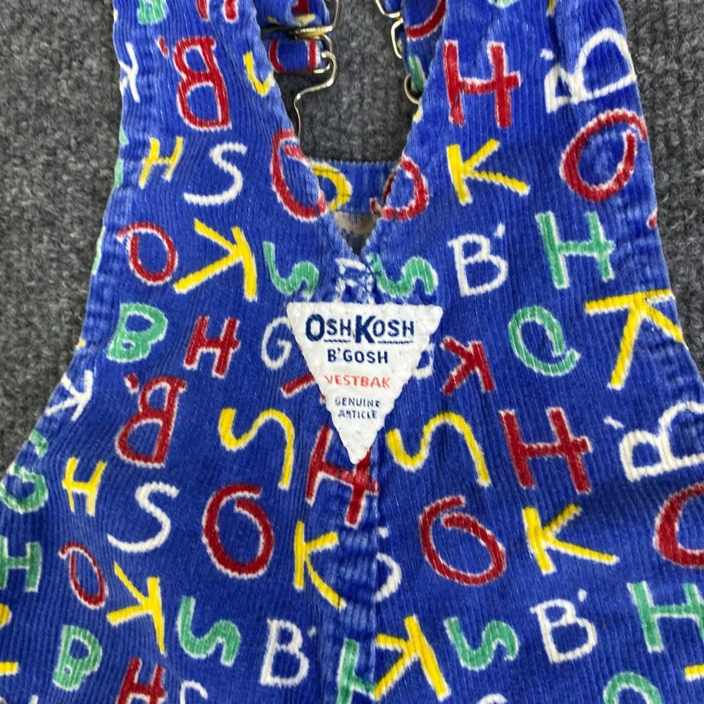 Vintage OshKosh Bgosh Alphabet Corduroy Overalls Blue 12 Months Made in USA 3054